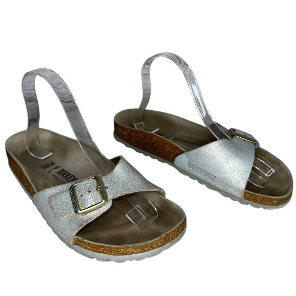 Birkenstock Madrid Metallic Silver Leather Big Buckle Sandals Slip On Size 8 - Picture 2 of 10